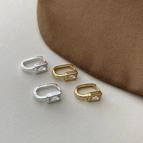 Pendientes Minimalistas Coreanos en Forma de U con Zirconia Cuadrada y Poste de Plata de Ley 925 Oro Plata Pendientes de Aro Geométricos para Mujer Joyería de Moda