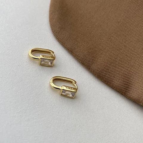 Pendientes Minimalistas Coreanos en Forma de U con Zirconia Cuadrada y Poste de Plata de Ley 925 Oro Plata Pendientes de Aro Geométricos para Mujer Joyería de Moda