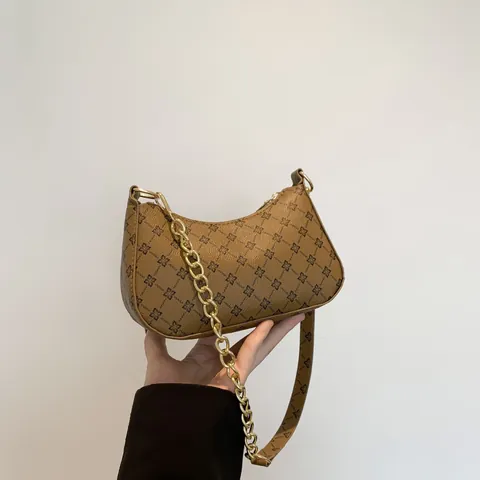 Retro Monogram Underarm Bag Women PU Leather Small Shoulder Bag Gold Chain Strap Elegant Hobo Baguette Bag Fashion