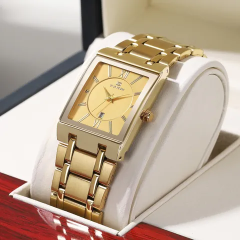VA VA VOOM Men's Quartz Watch Rectangular Dial Stainless Steel Band Business Calendar Waterproof Roman Numeral Wristwatch