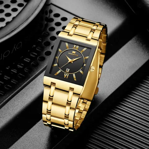 VA VA VOOM Men's Quartz Watch Rectangular Dial Stainless Steel Band Business Calendar Waterproof Roman Numeral Wristwatch