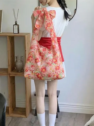 Sac À Bandoulière Femme Imprimé Floral Polyester Grande Capacité Sangle À Nœud Style Coréen Cabas Décontracté Été