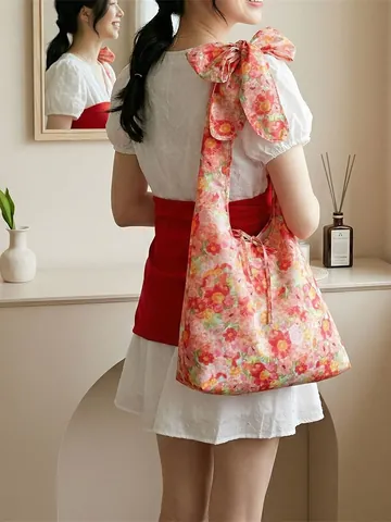 Sac À Bandoulière Femme Imprimé Floral Polyester Grande Capacité Sangle À Nœud Style Coréen Cabas Décontracté Été