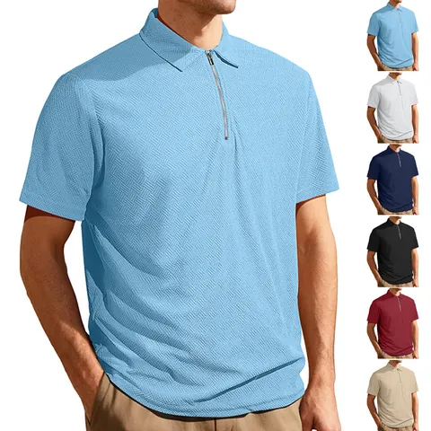 Men Short Sleeve Polo Shirt Zipper Neck Textured Jacquard Polyester Spandex Summer Casual Loose Fit Breathable Solid Color