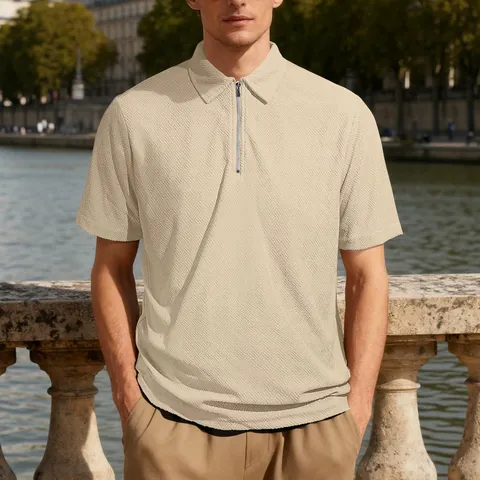 Men Short Sleeve Polo Shirt Zipper Neck Textured Jacquard Polyester Spandex Summer Casual Loose Fit Breathable Solid Color
