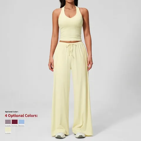 Dames Halter Top En Wijde Broek Met Wikkeljack Geborstelde Elastische Stof Yoga Lounge Sportkleding Zacht Casual