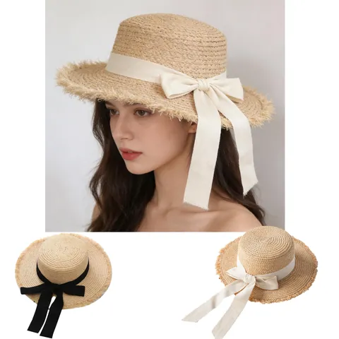 Καπέλο Boater από Άχυρο Raffia για Γυναίκες Κορδέλα με Φιόγκο Ξεφτισμένη Άκρη Πλατύ Γείσο Καλοκαιρινή Ηλιοπροστασία Παραλίας Αξεσουάρ Διακοπών