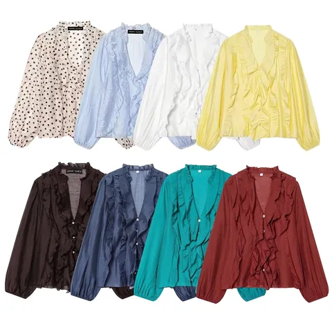 Women Ruffled Long Sleeve V Neck Blouse Elegant Layered Chiffon Casual Pullover Tops