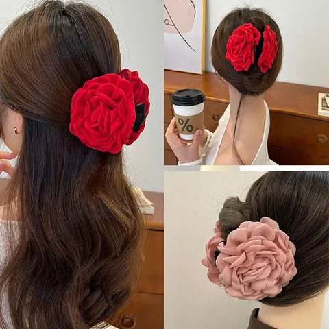 Molla per Capelli Grande in Tessuto a Forma di Fiore Rosa Camelia Elegante Francese Vintage Floreale Copricapo per Donna Matrimonio Gioielli