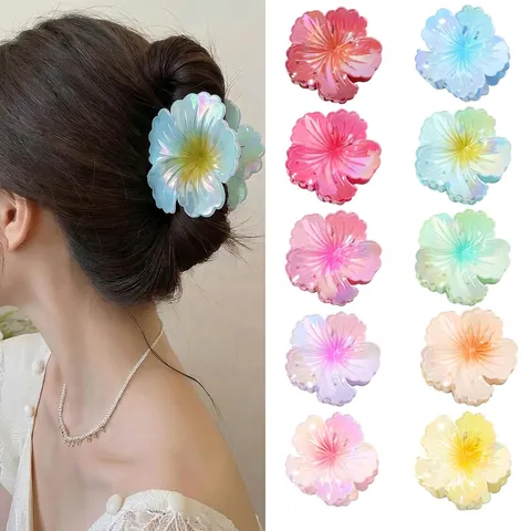 Sweet Iridescent Hibiscus Flower Hair Claw Clip Colorful Gradient Plastic Hairgrip For Women Beach Vacation Accessory