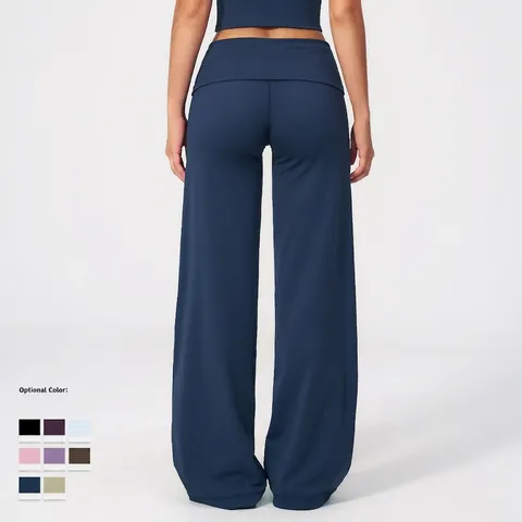 Women Wide Leg Yoga Pants Brushed Nylon Spandex High Waisted Foldover Waistband Moisture Wicking Sporty Trousers