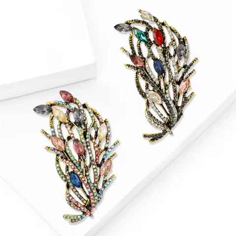 Vintage Alloy Rhinestone Feather Brooch Pin For Women Multicolor Crystal Leaf Wheat Ear Formal Wedding Party Accessories