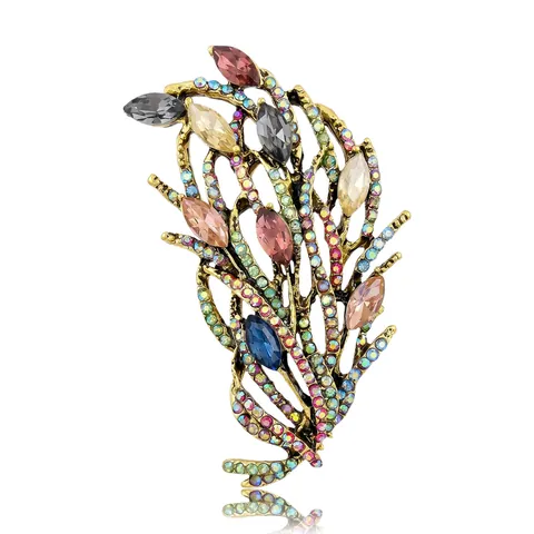 Vintage Alloy Rhinestone Feather Brooch Pin For Women Multicolor Crystal Leaf Wheat Ear Formal Wedding Party Accessories