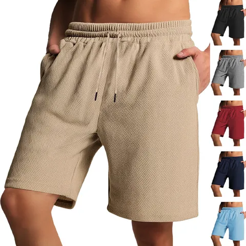 Men Casual Shorts Summer Waffle Knit Texture Jacquard Elastic Drawstring Waist Loose Breathable Solid Color