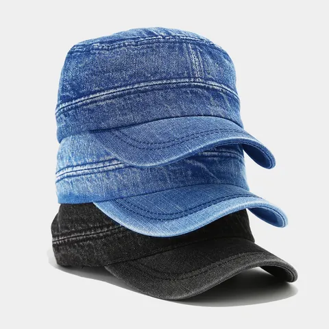 Washed Denim Cadet Cap Vintage Militär Stil Flat Top Hut Verstellbar Atmungsaktiv Sonnenschutz Outdoor Unisex