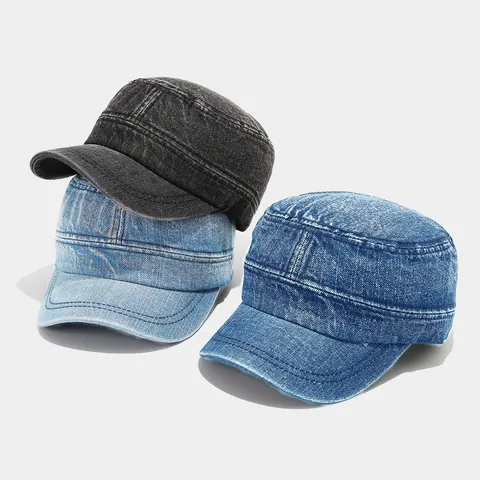 Washed Denim Cadet Cap Vintage Militär Stil Flat Top Hut Verstellbar Atmungsaktiv Sonnenschutz Outdoor Unisex