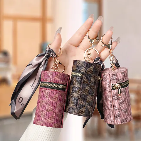 Mini Cylindrical PVC Pouch Bag Pendant With Scarf Checkered Monogram Pattern Lipstick Earphone Storage Keychain For Women