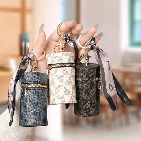 Mini Cylindrical PVC Pouch Bag Pendant With Scarf Checkered Monogram Pattern Lipstick Earphone Storage Keychain For Women