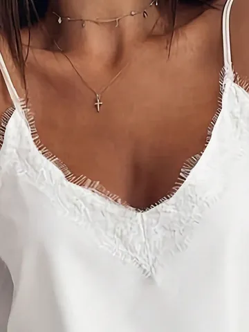 Women Satin Camisole V Neck Eyelash Lace Trim Loose Fit Sleeveless Tank Top Summer Solid Color Streetwear