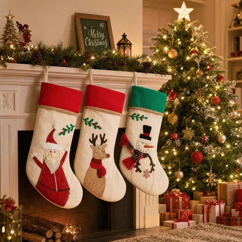 Calza di Natale in Lino Sacchetti Regalo Applicazione Babbo Natale Pupazzo di Neve Renna Decorazioni da Appendere Casa Ornamento