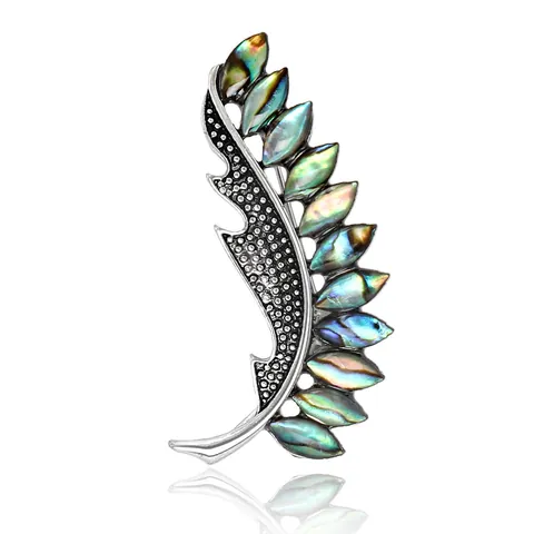 Broche de Concha de Abulón con Forma de Pluma Vintage para Mujer Alfiler de Aleación Retro Incrustado Accesorio de Ropa Joyería