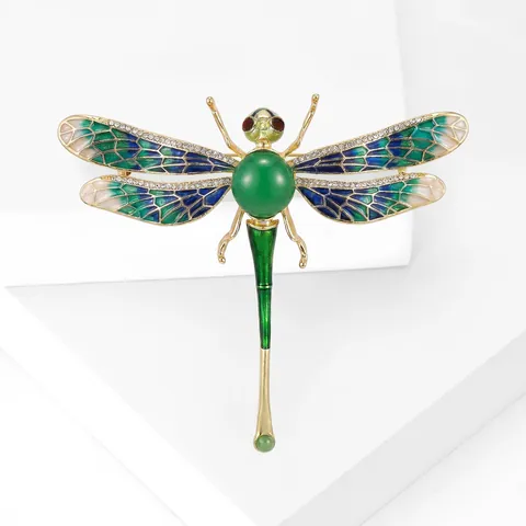 Spilla Vintage a Forma di Libellula in Lega Smaltata Con Strass e Pietra Verde Intarsiata Pin Insetto Gioielli Regalo Donna