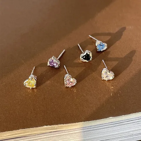 Heart Zirconia Stud Earrings Colorful Sweet Cool Lava Texture Silver Pin Minimalist Ear Bone Studs Women Fashion Jewelry