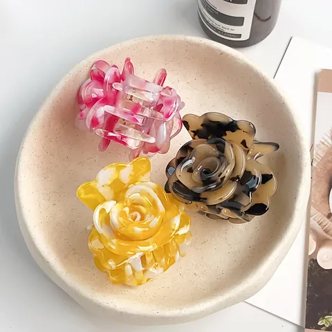 Elegante Pinza per Capelli in Acetato con Fiore di Rosa per Donna Clip a Squalo Floreale Vintage alla Moda Antiscivolo