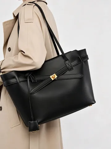 Urban Minimalistisch PU Tragetasche Große Kapazität Wasserdicht Schultertasche Mit Goldener Schnalle Für Damen Büro Pendeln