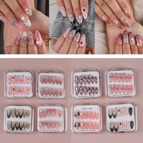 Unghie Finte Lunghe A Mandorla Press On Con Strass Design Francese Motivo Floreale Rosa E Colla Gelatina Per Donne