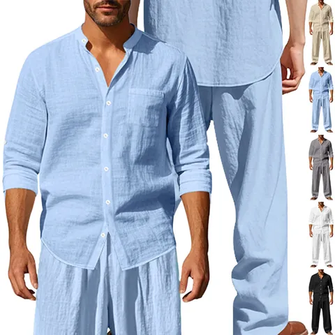 Homme Mélange De Lin Chemise Henley À Manches Longues Et Pantalon Respirant Décontracté Plage Vacances Coupe Ample