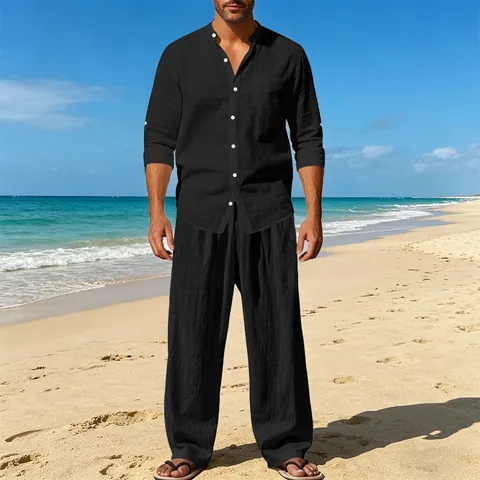 Homme Mélange De Lin Chemise Henley À Manches Longues Et Pantalon Respirant Décontracté Plage Vacances Coupe Ample
