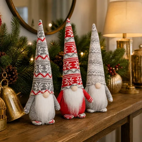 Bambola di Peluche Gnomo di Natale Fatta a Mano Ornamento Tomte Nisse Nordico Cappello a Punta in Maglia con Fiocco di Neve Decorazione Natalizia
