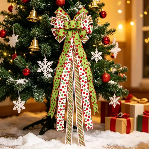 Large Christmas Tree Topper Bow Red Green White Polka Dot Striped Polyester Ribbon Ornament For Xmas Home Holiday Party Decoration