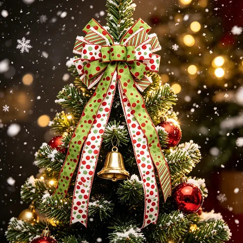 Large Christmas Tree Topper Bow Red Green White Polka Dot Striped Polyester Ribbon Ornament For Xmas Home Holiday Party Decoration