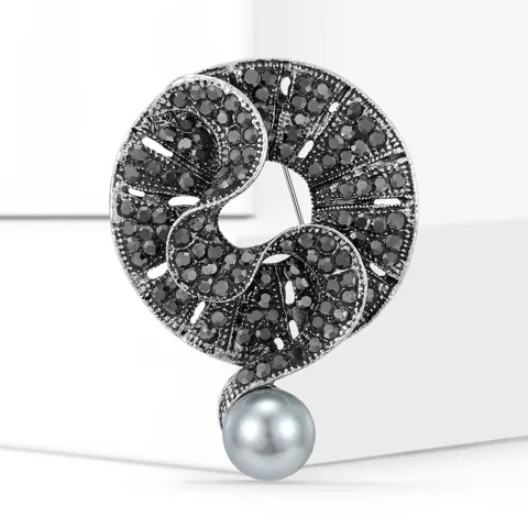 Vintage Legierung Strass Brosche Für Damen Antik Silber Spiral Wirbel Design Mit Grauer Künstliche Perle Elegante Mode Schmuck Reversnadel