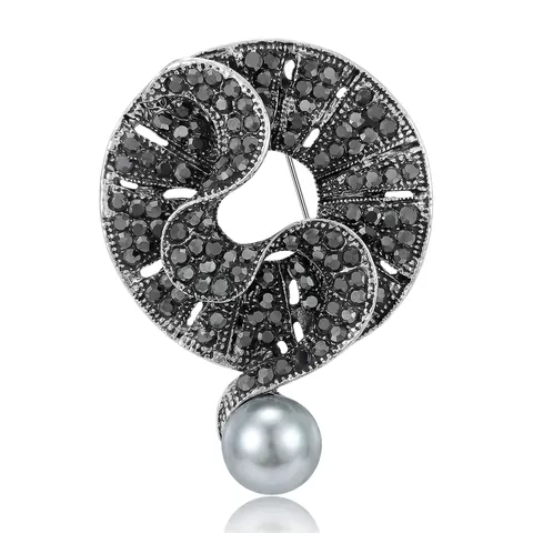 Vintage Legierung Strass Brosche Für Damen Antik Silber Spiral Wirbel Design Mit Grauer Künstliche Perle Elegante Mode Schmuck Reversnadel