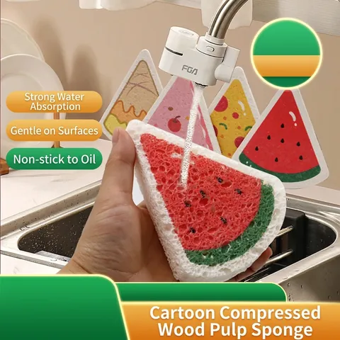 Cartoon Fruit Shape Dishwashing Sponge Compressed Wood Pulp Cellulose Kitchen Cleaning Scrubber Water Absorbent Oil Removal