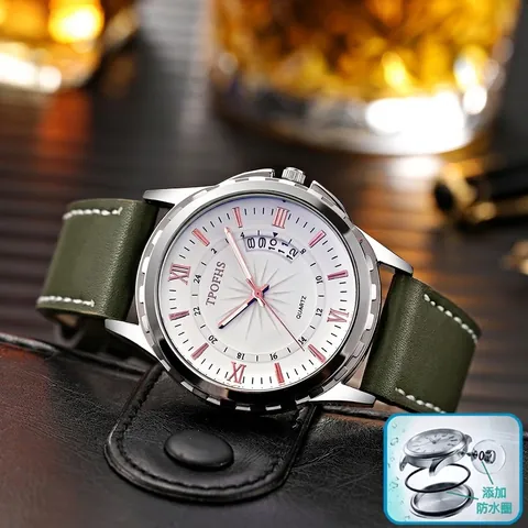 Men Business Fashion Quartz Watch with Date Display Leather Strap Roman Numerals Dial Waterproof Casual Male Wristwatch