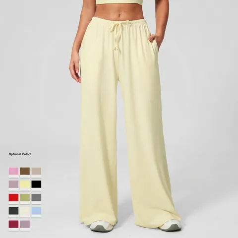 Pantalones De Pierna Ancha Mujer Cintura Alta Cepillado Casual Yoga Lounge Con Cordón Bolsillos Suave Deportivo