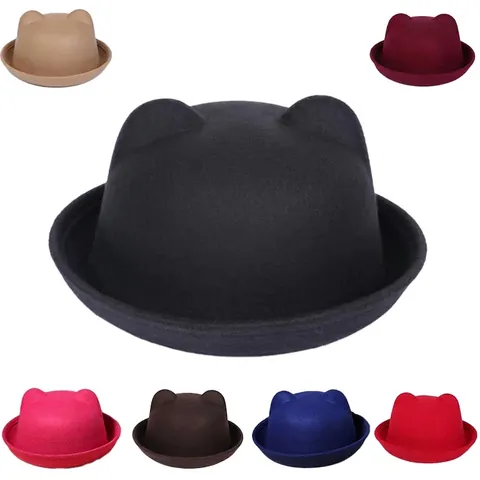 Cappello Bombetta con Orecchie da Gatto per Donna Bambini Inverno Caldo Feltro di Poliestere Cloche Genitore-Figlio Tesa Arrotolata
