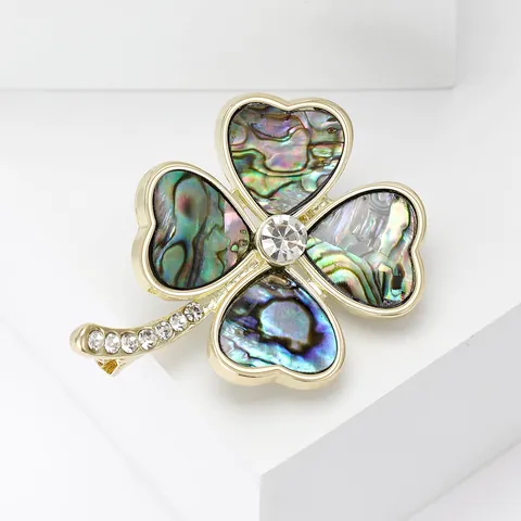 Elegante Spilla Quadrifoglio in Guscio di Abalone Lega di Alta Qualità Fiore con Strass Clip per Sciarpa Spilla Anti-esposizione da Donna