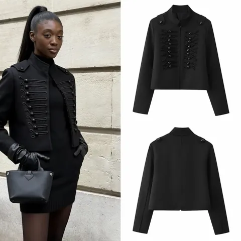 Giacca Corta Stile Militare Da Donna Collo Alto Bottone A Rana Vintage Bottone In Metallo Cappotto Casual