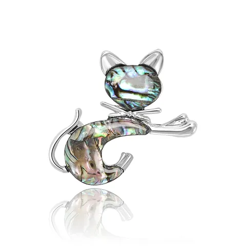 Spilla in Lega Vintage con Gatto e Conchiglia di Abulone per Donna Distintivo a Forma di Animale con Strass Intarsiati Accessori Gioielli