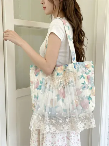Floral Tote Bag Cotton Linen Shoulder Bag With Lace Mesh Embroidery French Pastoral Large Capacity Vintage For Women