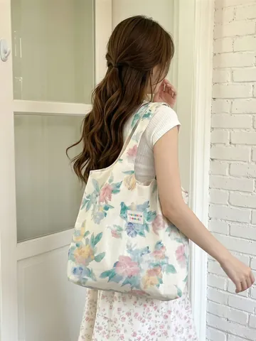 Floral Tote Bag Cotton Linen Shoulder Bag With Lace Mesh Embroidery French Pastoral Large Capacity Vintage For Women