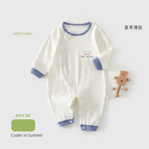 Newborn Baby Summer Thin Cotton Romper Breathable Long Sleeve Bear Brother Printed Single Breasted Jumpsuit For Infant