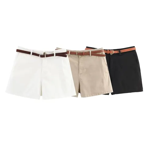 Pantalones Cortos Casuales Para Mujer Con Cinturón Color Sólido Ajuste Holgado Poliéster Moda Streetwear