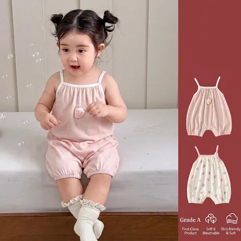 Barboteuse d'Été en Coton pour Bébé Fille Motif Fraise Body sans Manches Souple Respirant Style Coréen Combinaison Enfant