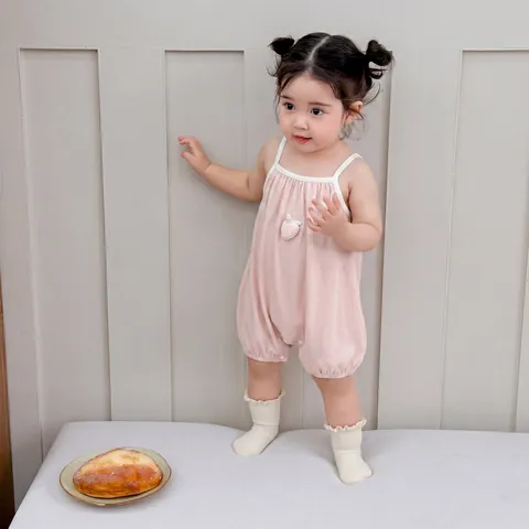Barboteuse d'Été en Coton pour Bébé Fille Motif Fraise Body sans Manches Souple Respirant Style Coréen Combinaison Enfant